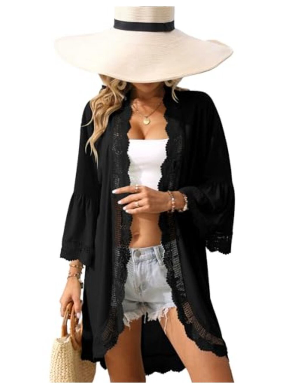 Women's Lightweight Kimono Cardigan 3/4 Ruffle Sleeve Lace Cover Up
